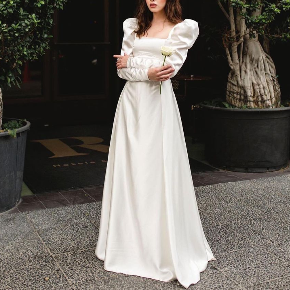 Elegant Satin White Modest Bridal Dress, Long Puff Sleeves, Front