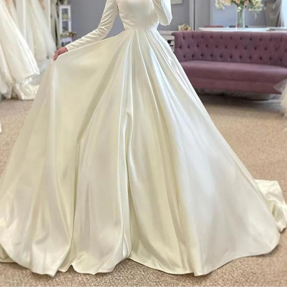 Elegant Satin White Modest Bridal Gown, Conservative, Close Up Bottom