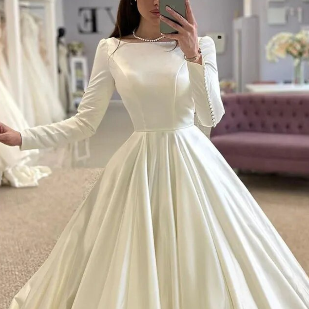 Elegant Satin White Modest Bridal Gown Little Lala Boutique