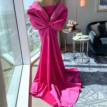 Hot Pink Satin Sparkly Beaded Evening Dress