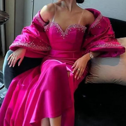 Hot Pink Satin Sparkly Beaded Evening Dress