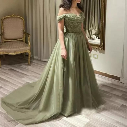 Olive Green Sparkle Tulle Princess Prom Dress, Left