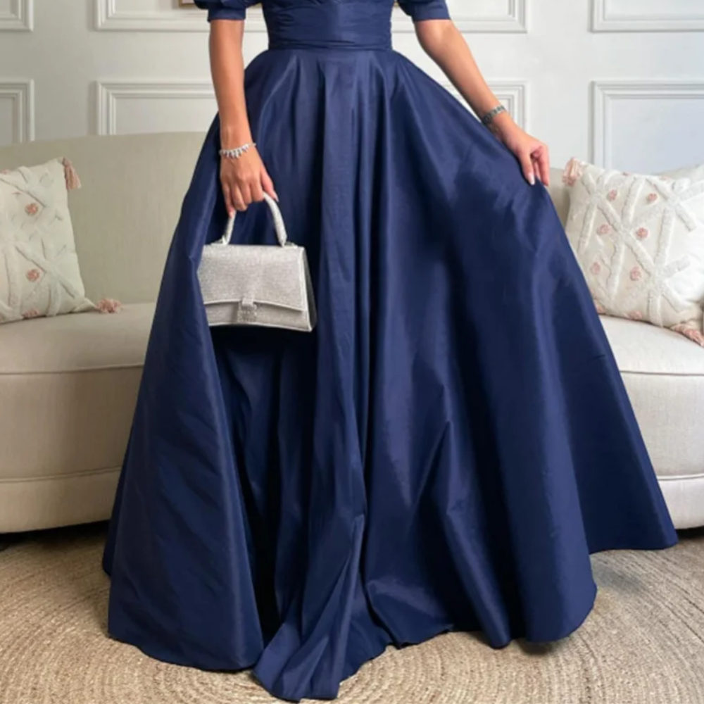 Elegant Navy Blue Satin Floor-Length Prom Dress, Bottom View