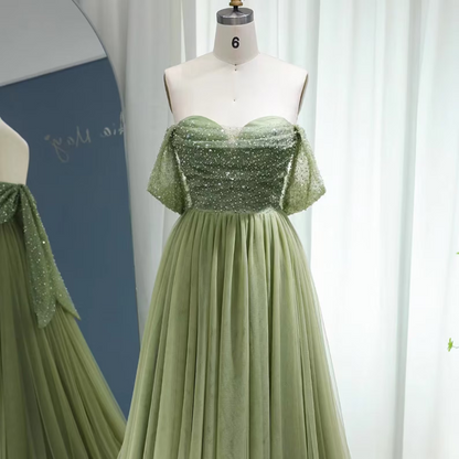 Olive Green Sparkle Tulle Princess Prom Dress, Front 2