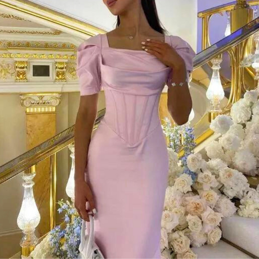 Light Pink Satin Corset Floor-Length Prom Dress, Front