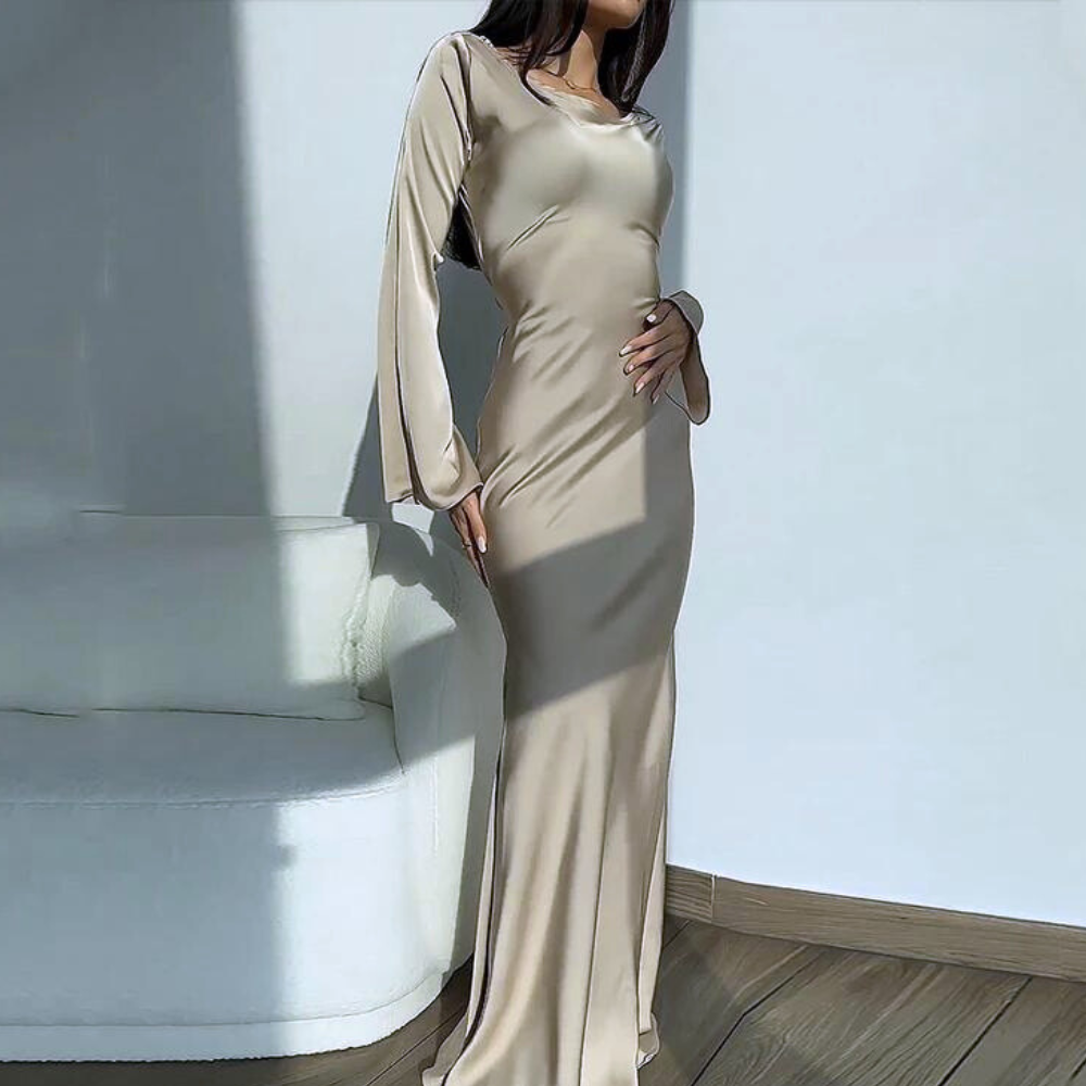 Silk Beige Modest Evening Dress – Little Lala Boutique