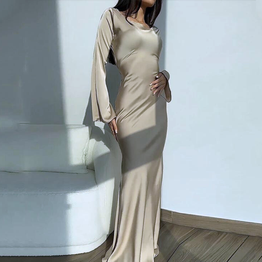 Silky Beige Modest Evening Dress