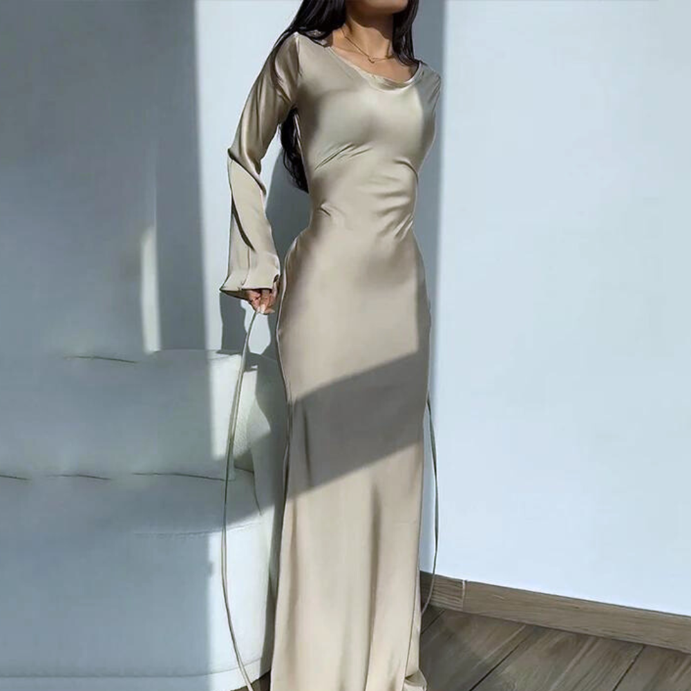 Silky Beige Modest Evening Dress