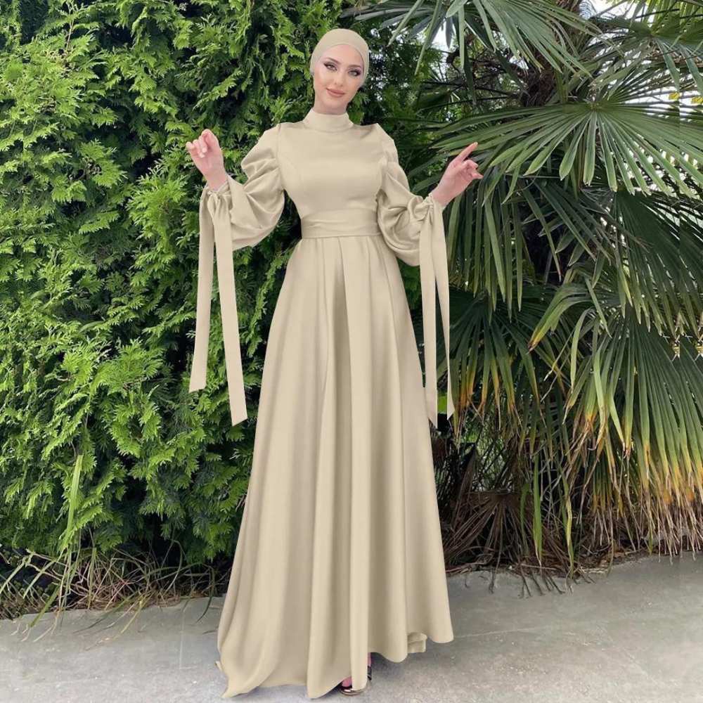 Beige Modest Satin Floor-Length Evening Dress, Long Puff Sleeves, Front View