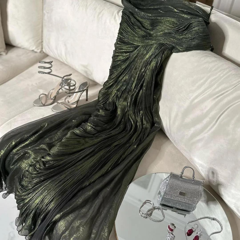 Green Satin Pleated Floor-Length Prom Dress, Back