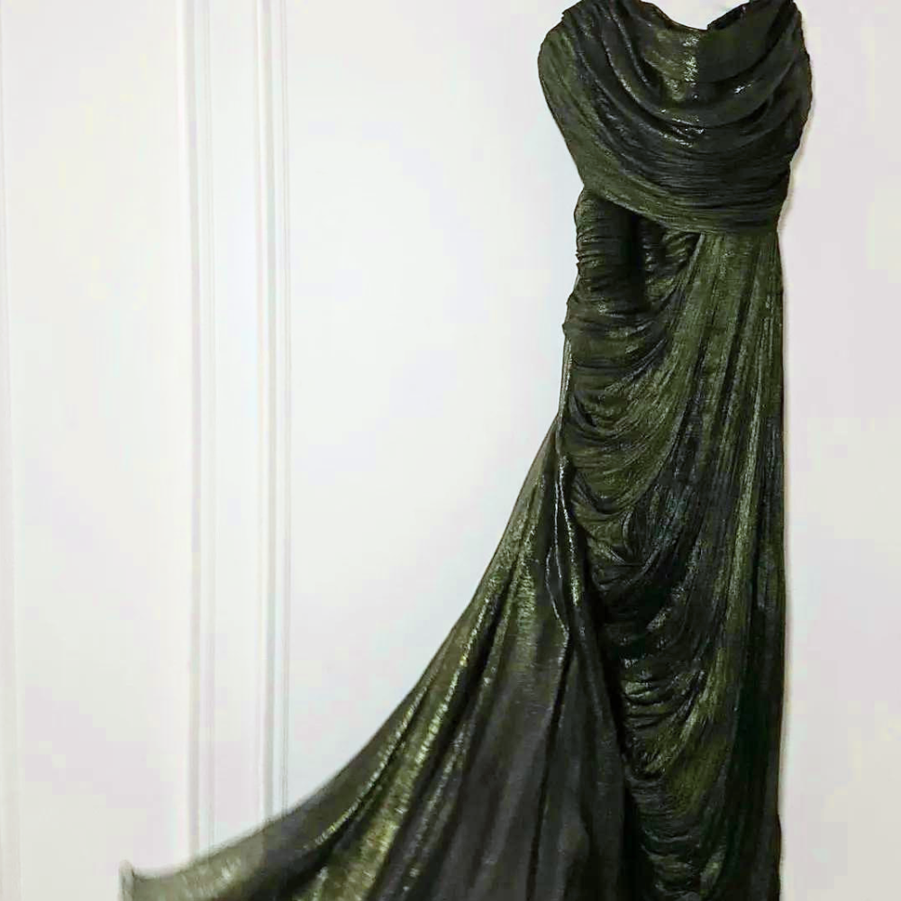 Green Satin Pleated Floor-Length Prom Dress, Right