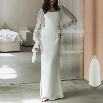 Simple White Elegant Modest Evening Dress, Long Sleeves, Front Full Shot