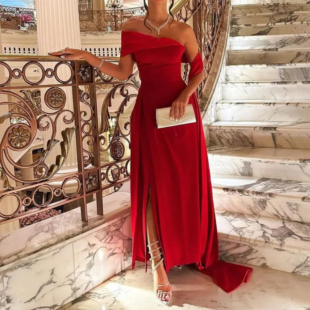 Red Satin Off Shoulder Floor-Length Evening Dress, Front