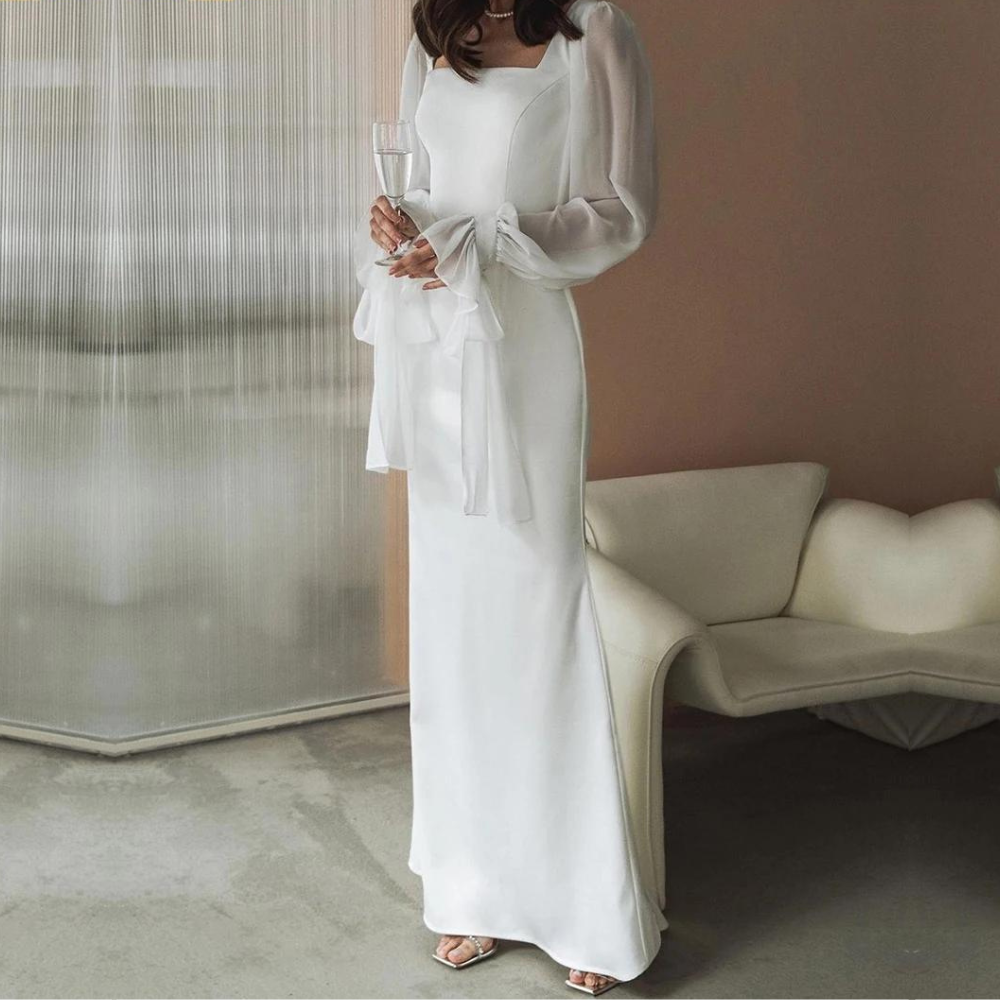 Simple White Elegant Modest Evening Dress, Long Sleeves, Right Side