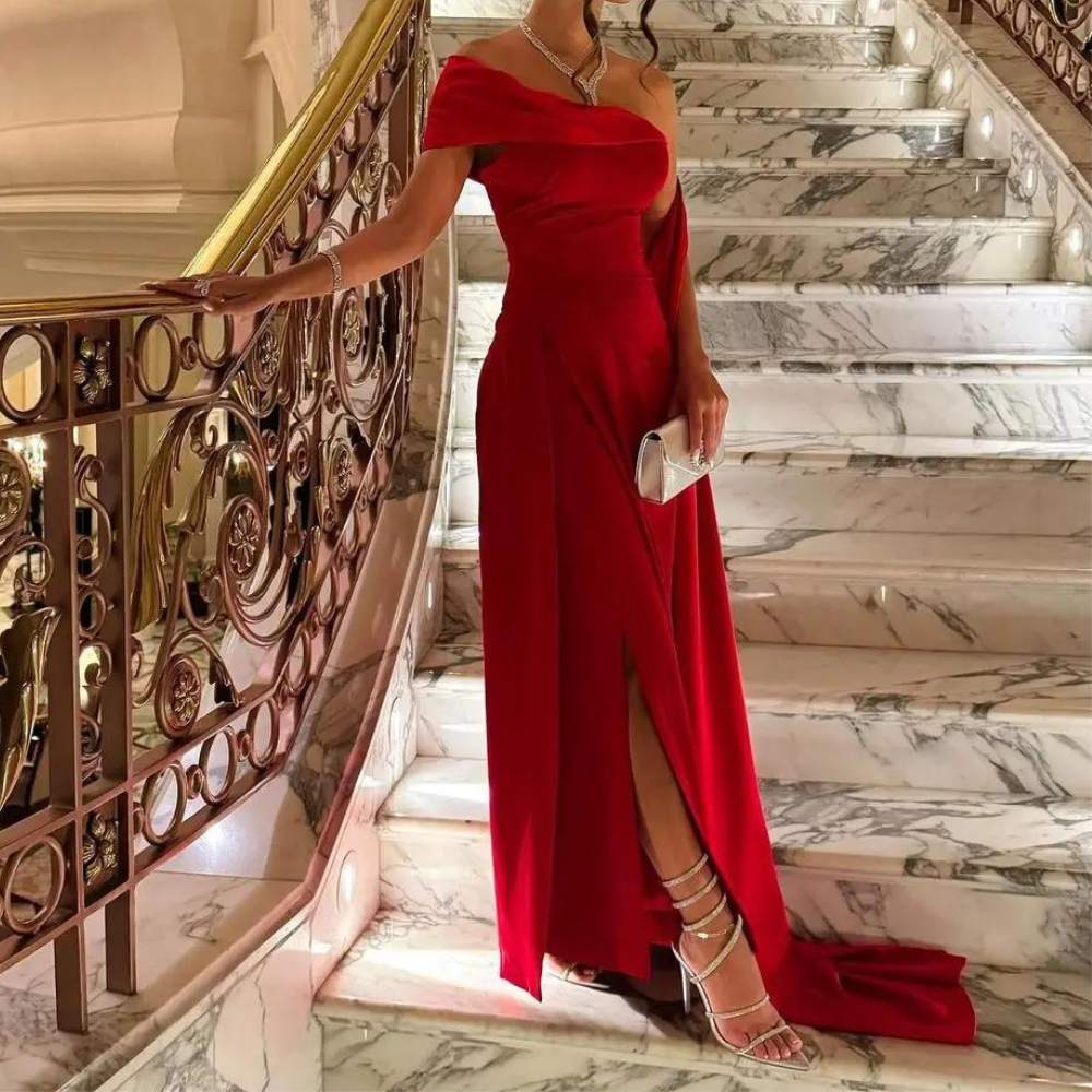 Red Satin Off Shoulder Floor-Length Evening Dress, Left Side