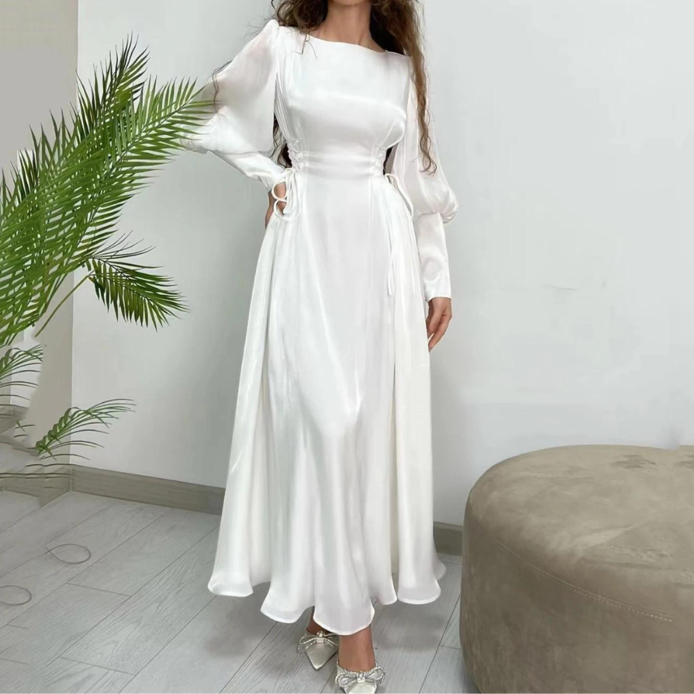 White Modest Silky Organza Evening Dress – Little Lala Boutique