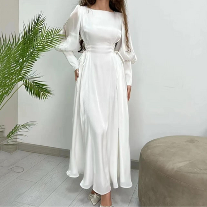 White Modest Silky Organza Evening Dress, Long Puff Sleeves, Front 2