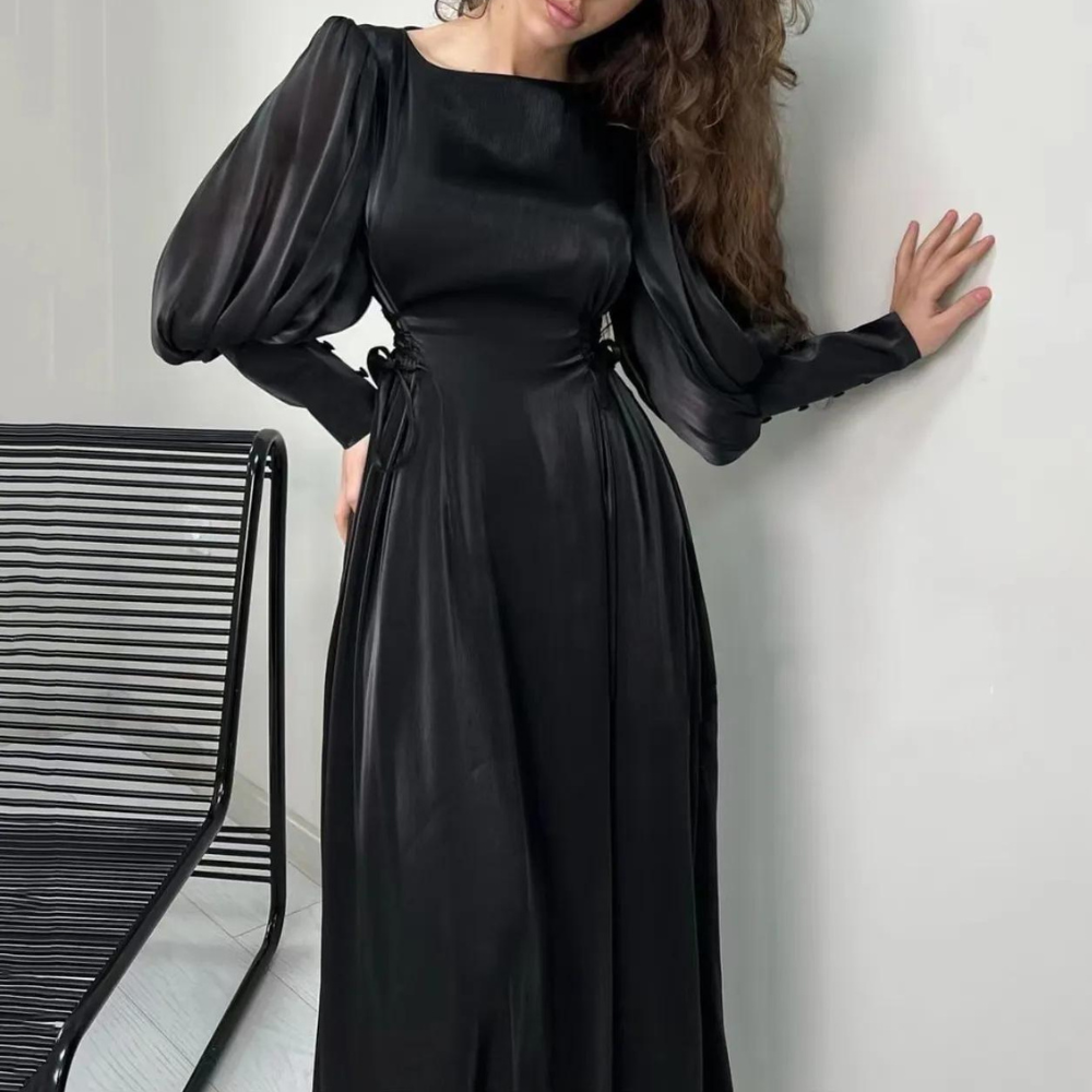 Black Modest Silky Organza Evening Dress, Long Puff Sleeves, Front