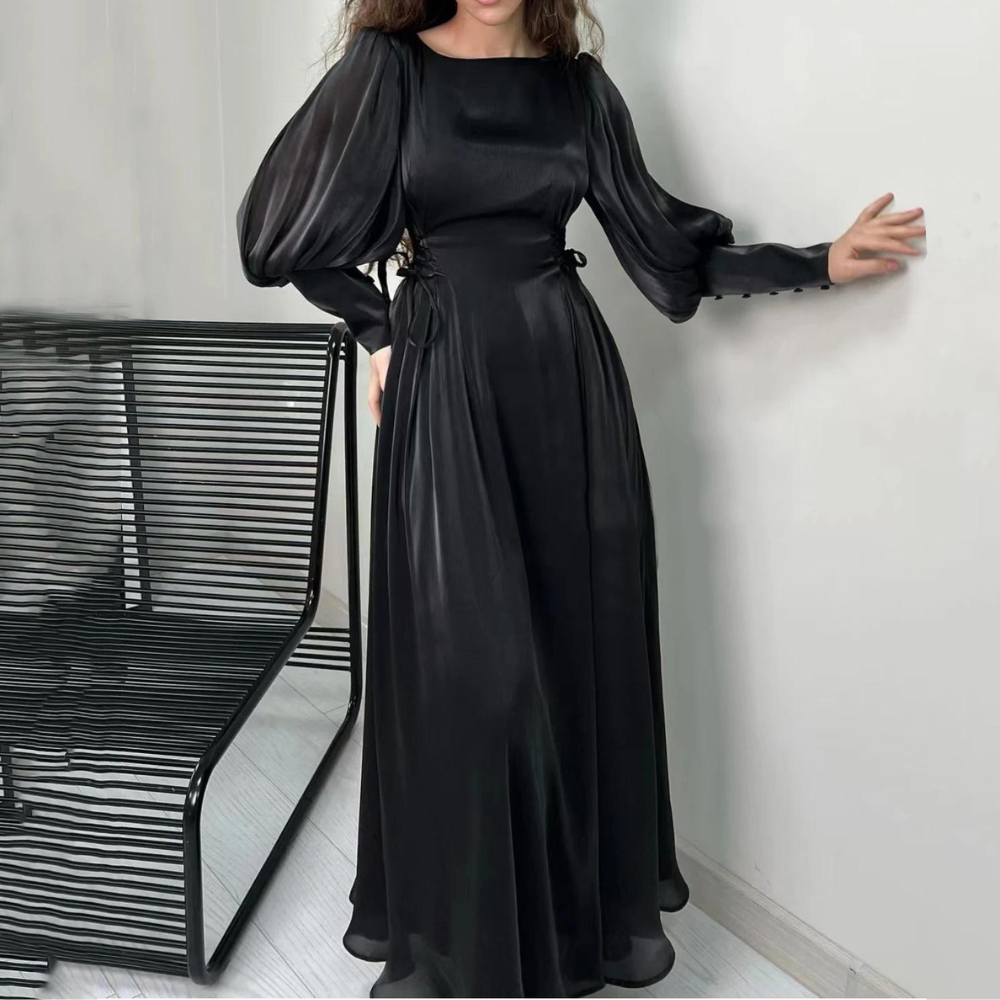 Black Modest Silky Organza Evening Dress, Long Puff Sleeves, Front Full Shot