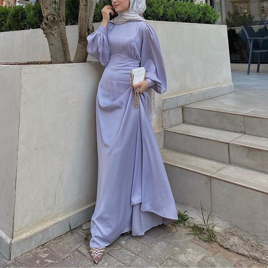 Purple Modest Silk Wrap Evening Dress, Front