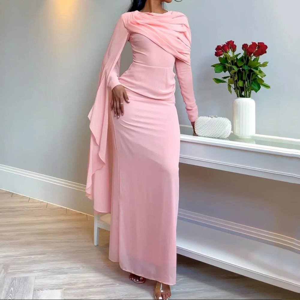 Pink Chiffon Pleated Sleeves Modest Evening Dress, Front