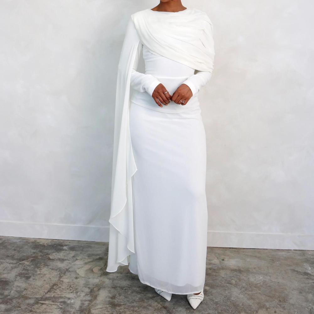 White Chiffon Pleated Sleeves Modest Evening Dress, Front