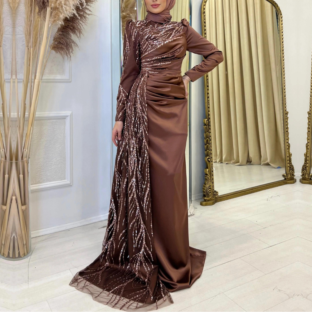 Dubai Modest Satin Brown Sparkly Beaded Evening Dress