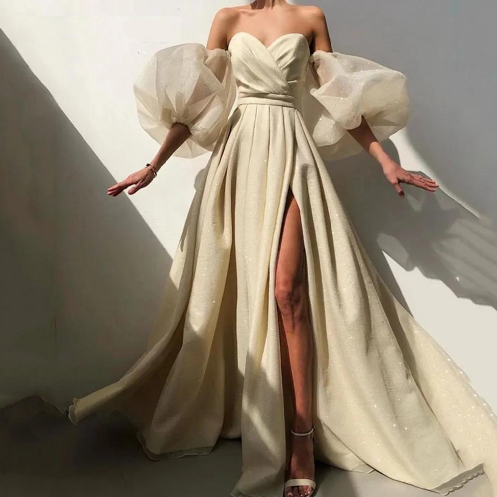 Elegant Satin Puff Sleeves Sweetheart Gown, front