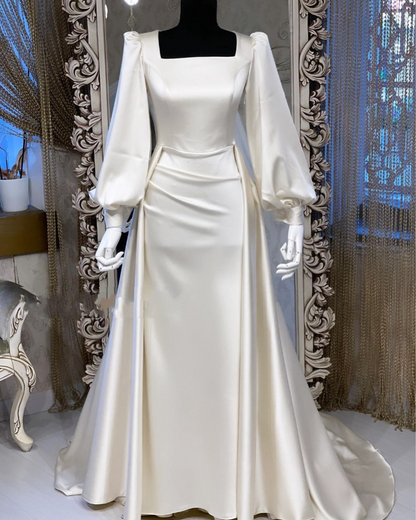 Elegant Satin Ivory White Modest Long Bridal Gown