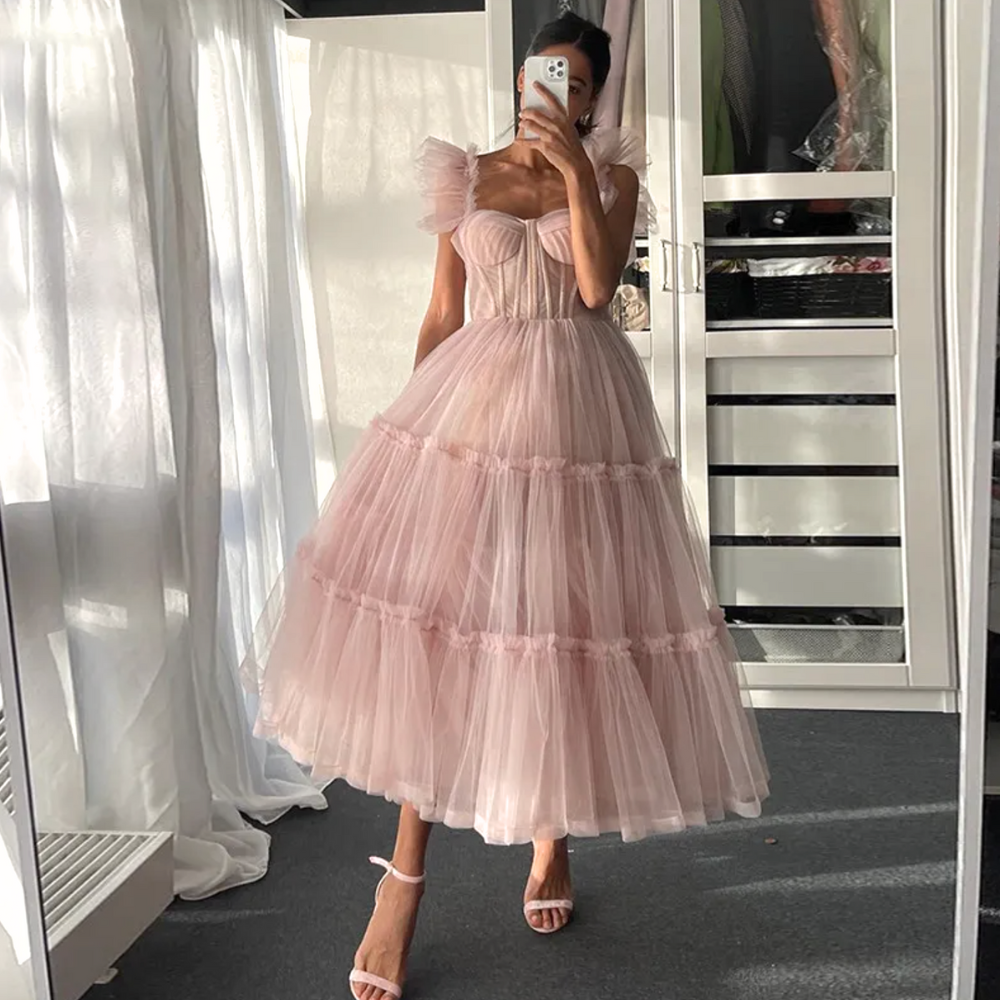 Pink Tiered Tulle Tea-Length Prom Dress