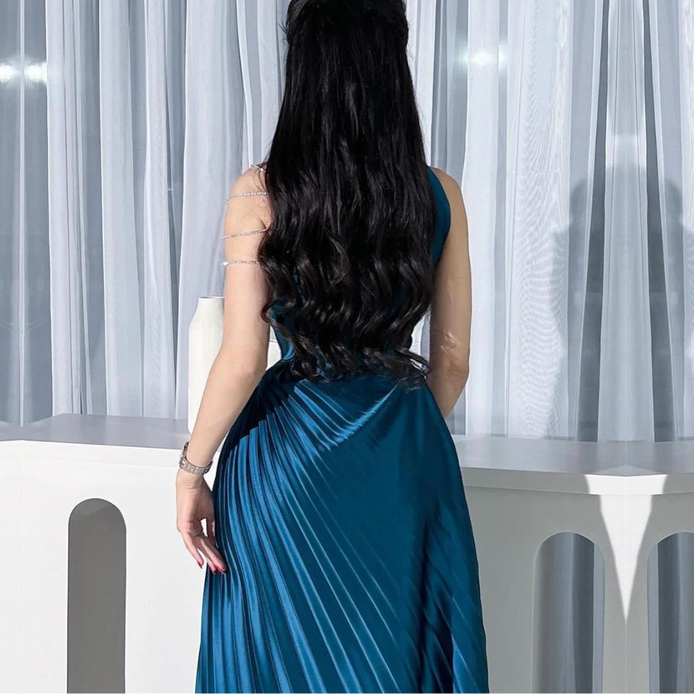 Night Blue Satin One-Shoulder Pleated Evening Dress, Back