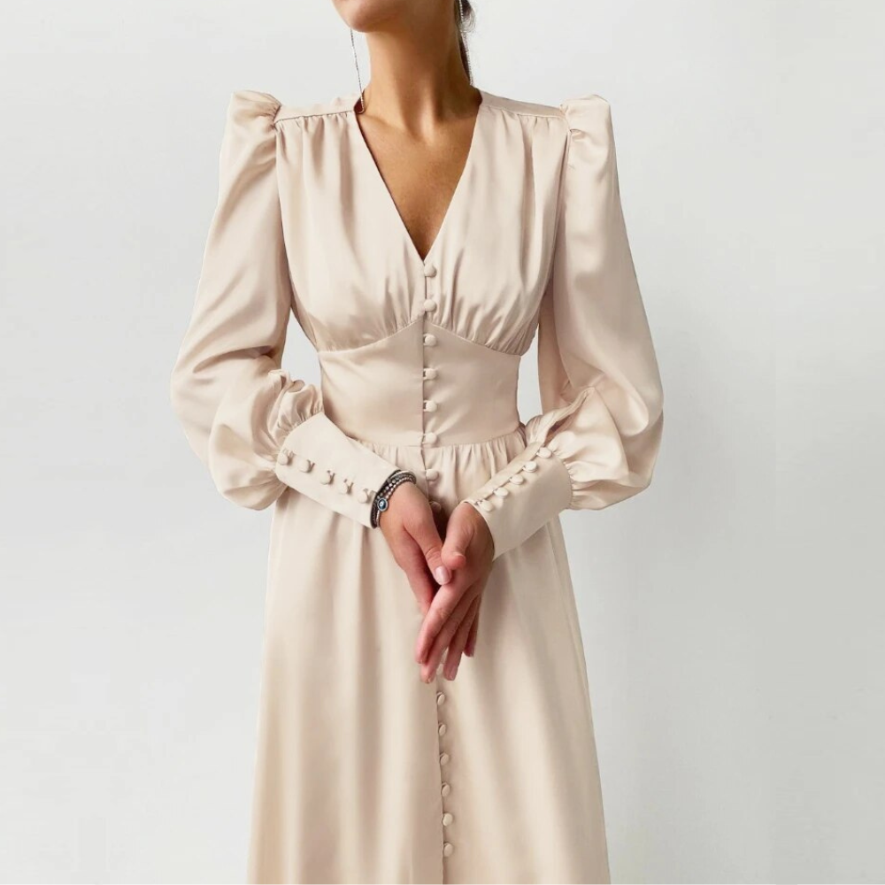 Champagne Modest V-Neck Silk Dress, Front