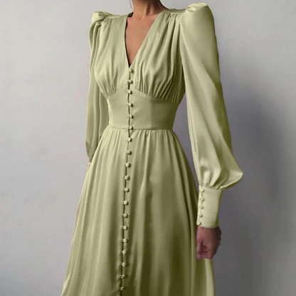 Green Modest V-Neck Silk Dress, Front