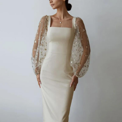 Simple Elegant Floral Mesh Evening Dress, Beige, Front