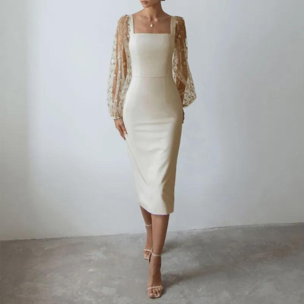 Simple Elegant Floral Mesh Evening Dress, Beige, Far Shot