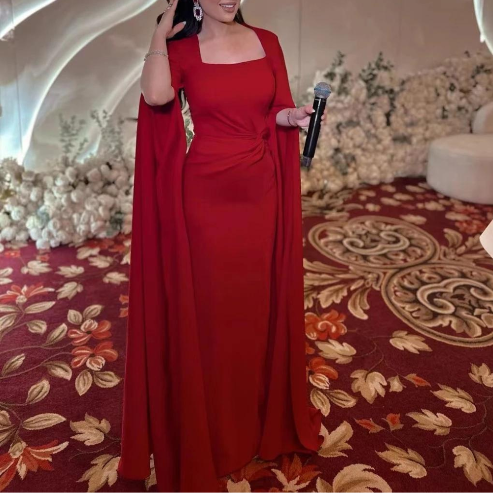 Red Satin Dubai Elegant Floor-Length Evening Dress, Right