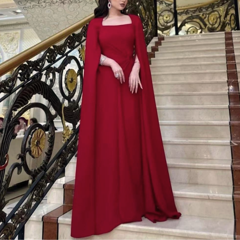 Red Satin Dubai Elegant Floor-Length Evening Dress, Back