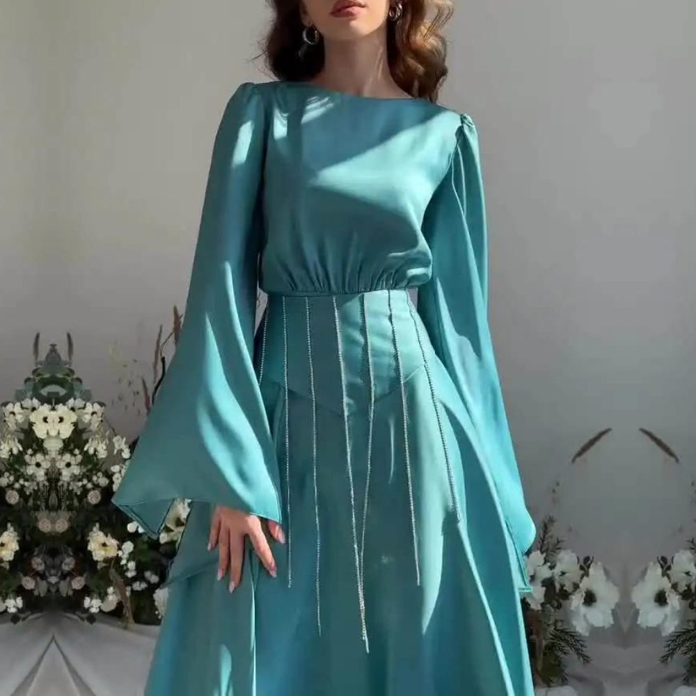 Teal Blue Modest Sparkly Evening Dress, Front