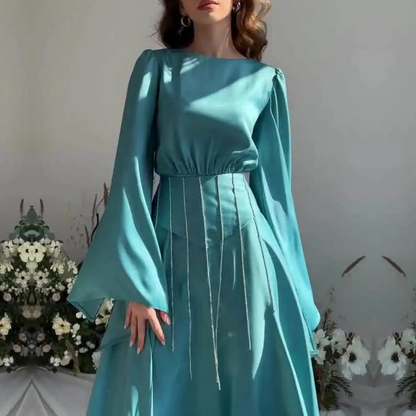 Teal Blue Modest Sparkly Evening Dress, Front