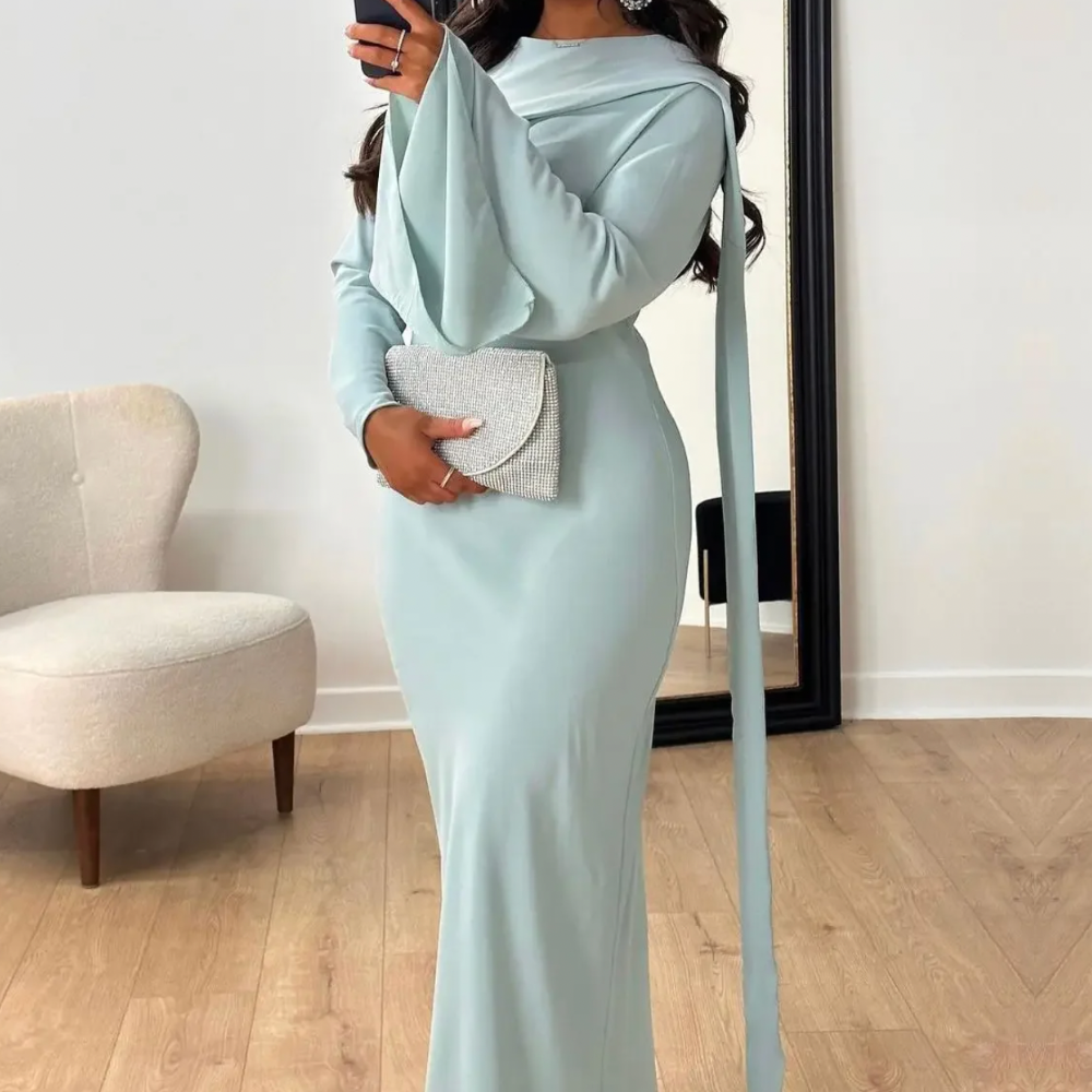 Mint Green Modest Drape Long Evening Dress