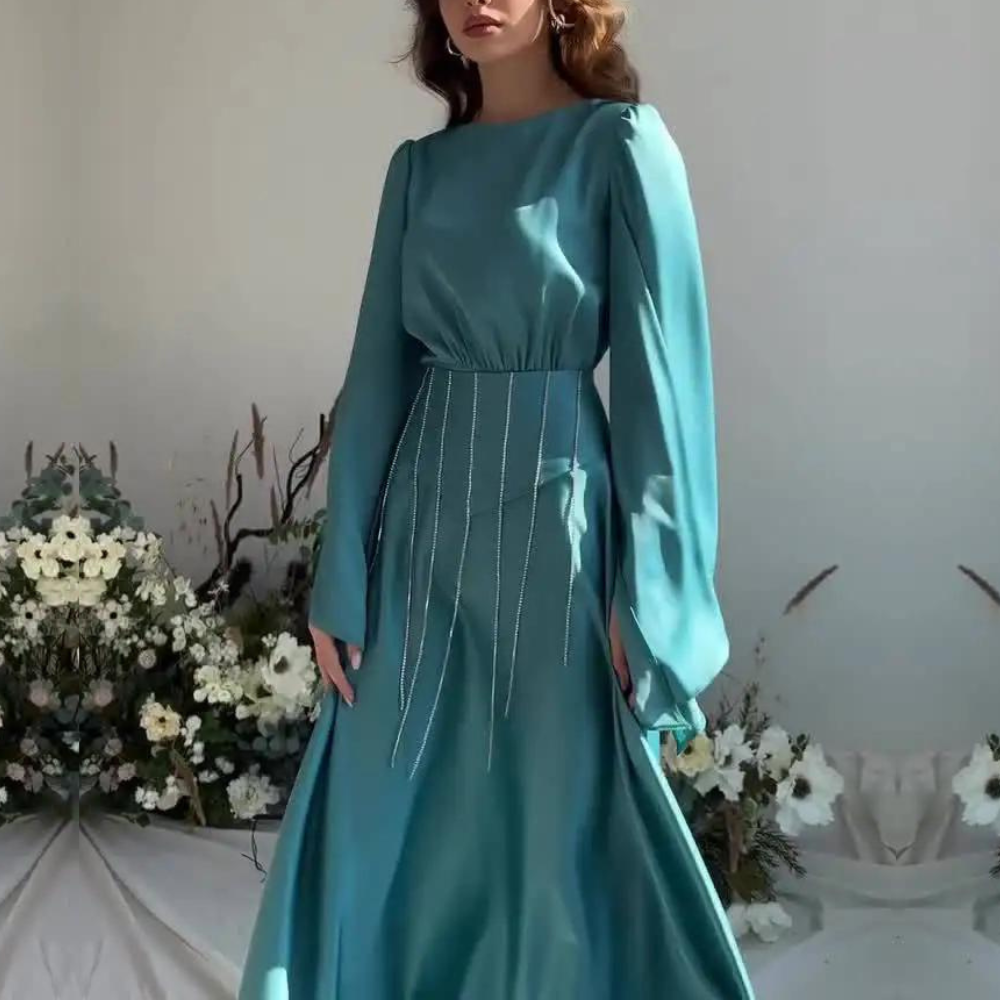 Teal Blue Modest Sparkly Evening Dress, Left Side