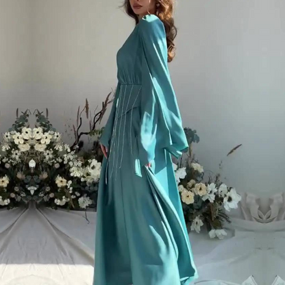 Teal Blue Modest Sparkly Evening Dress, Right Side