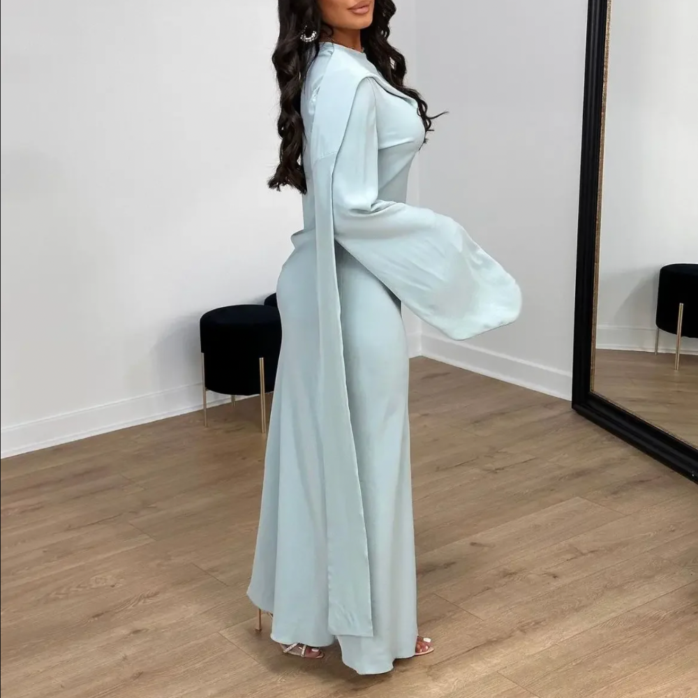 Mint Green Modest Drape Long Evening Dress Little Lala Boutique