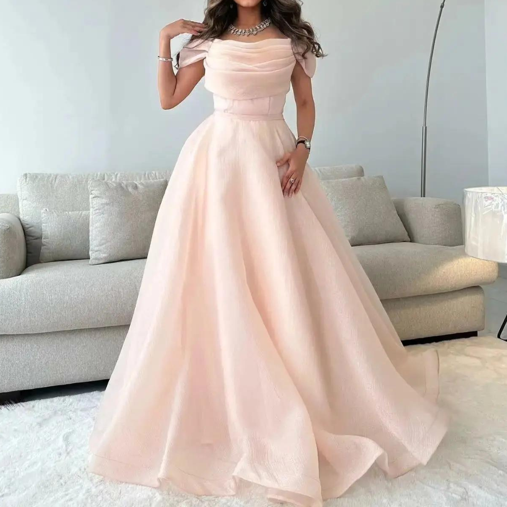 Blush Pink Off Shoulder Princess Prom Dress, Front