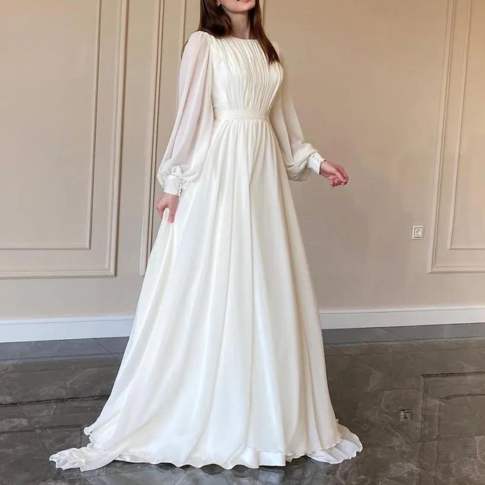 Elegant Gauze White Modest Long Dress