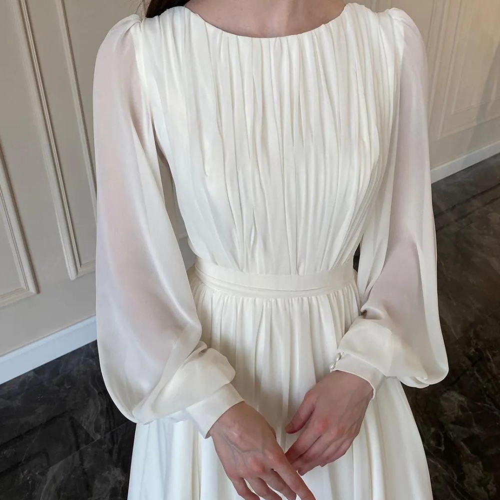 Elegant Gauze White Modest Long Dress, Close Up