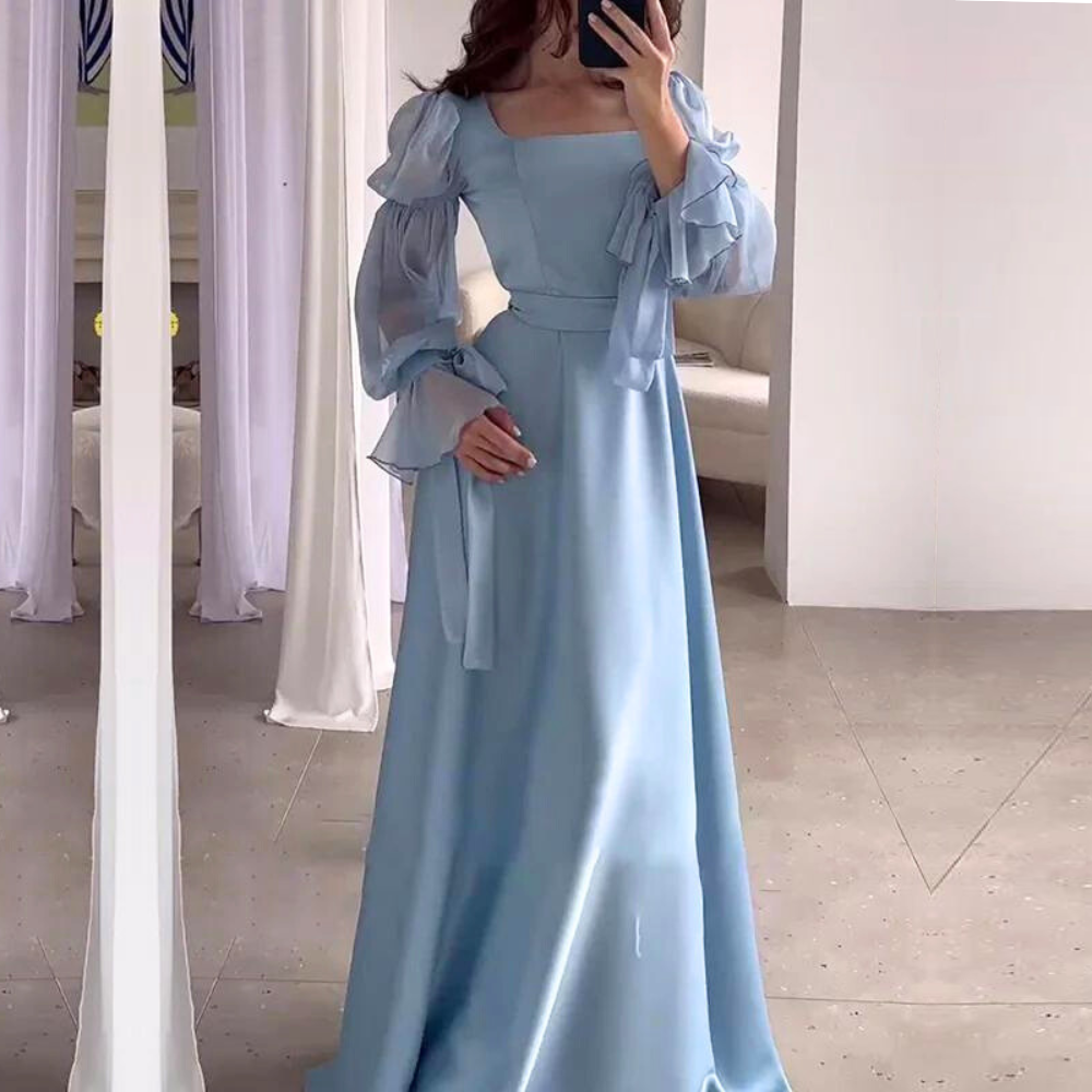 Light Blue Tiered Puff Sleeves Long Evening Dress, full shot