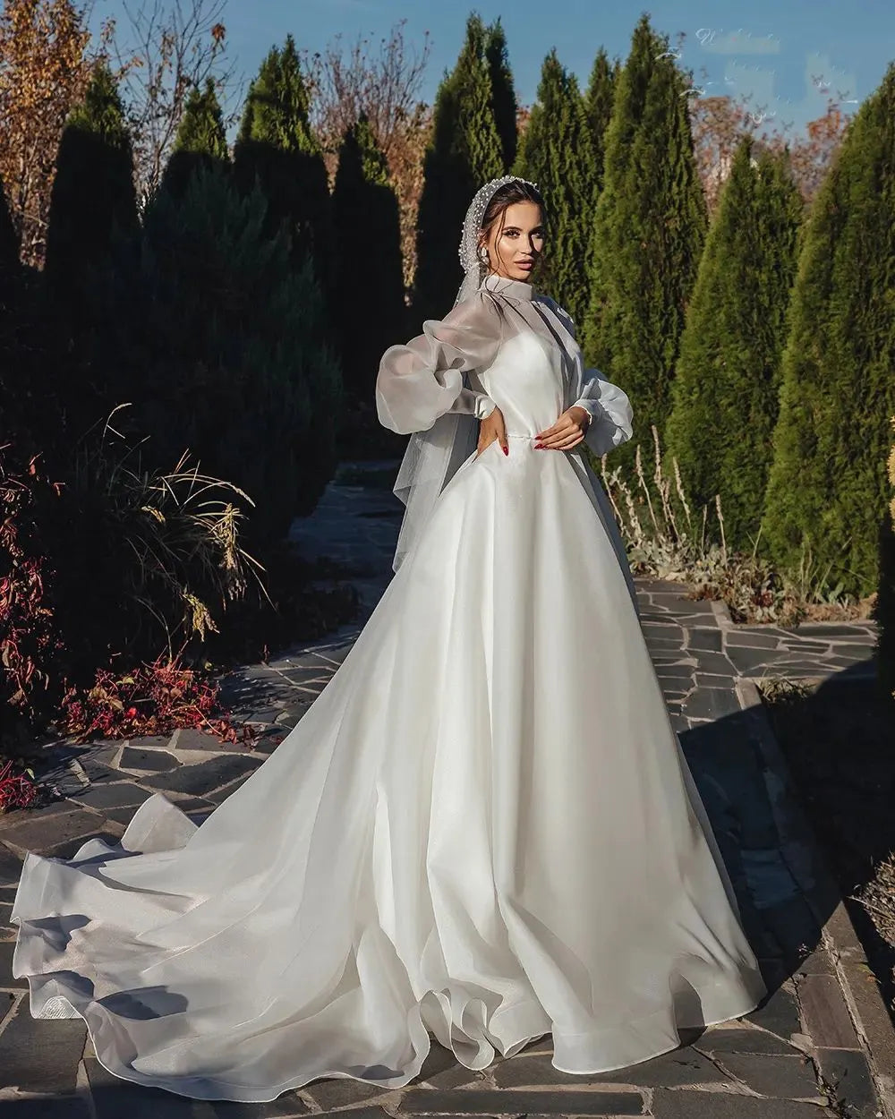 Elegant Organza White Modest Bridal Gown