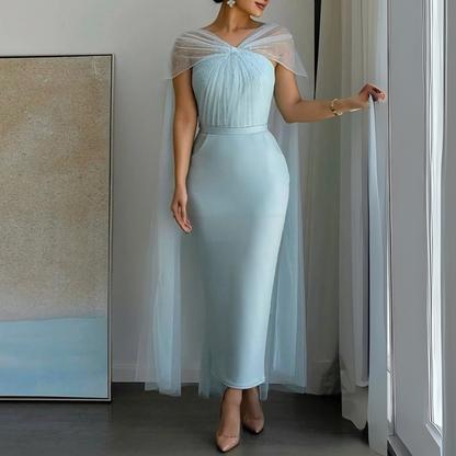 Baby Blue Satin Sparkly Mesh Cap Sleeves Pleated Dress, Full Body
