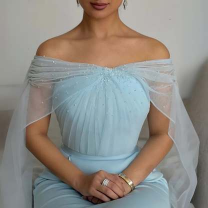 Baby Blue Satin Sparkly Mesh Cap Sleeves Pleated Dress, Front Close Up 3